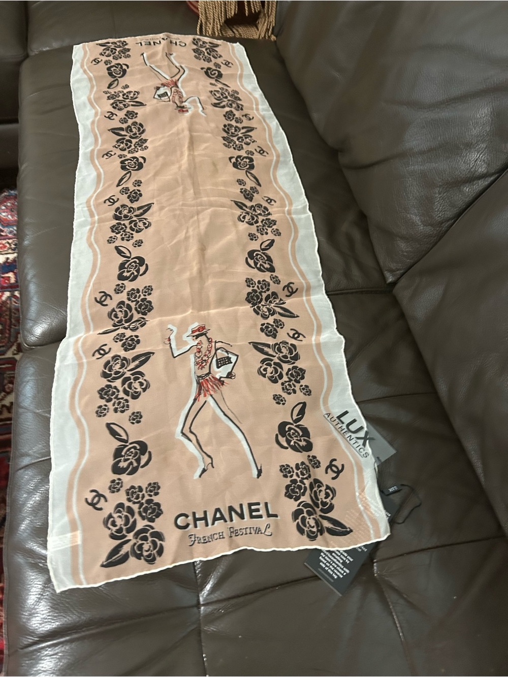 CHANEL Peach and Black Floral Silk Scarf